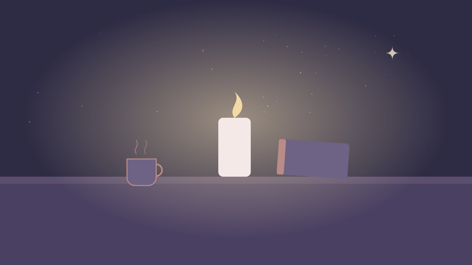 Illustration: Abendlicher Tisch mit Kerze, Buch und einer Tasse