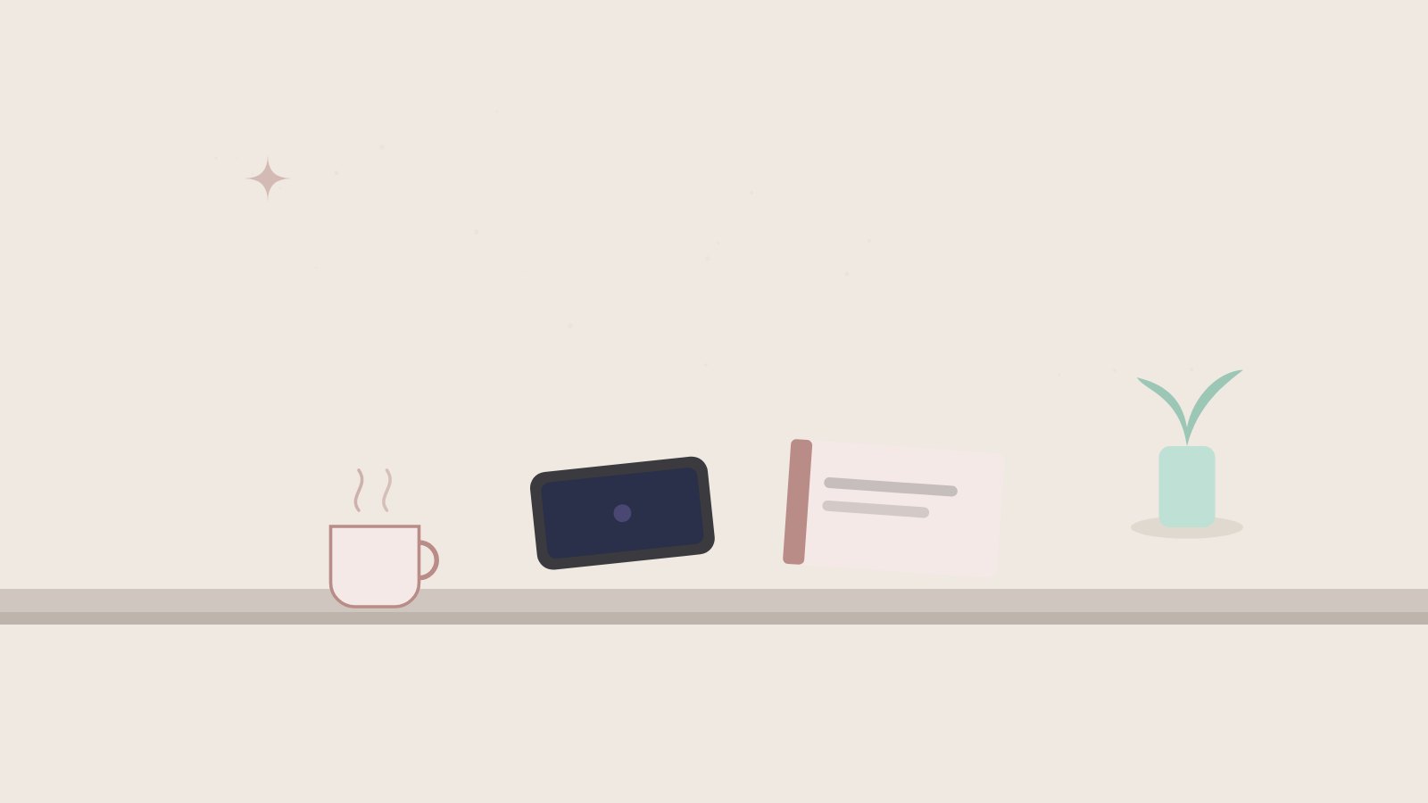 Illustration: Ein umgedrehtes Handy auf einem Tisch, daneben ein Buch und eine Tasse