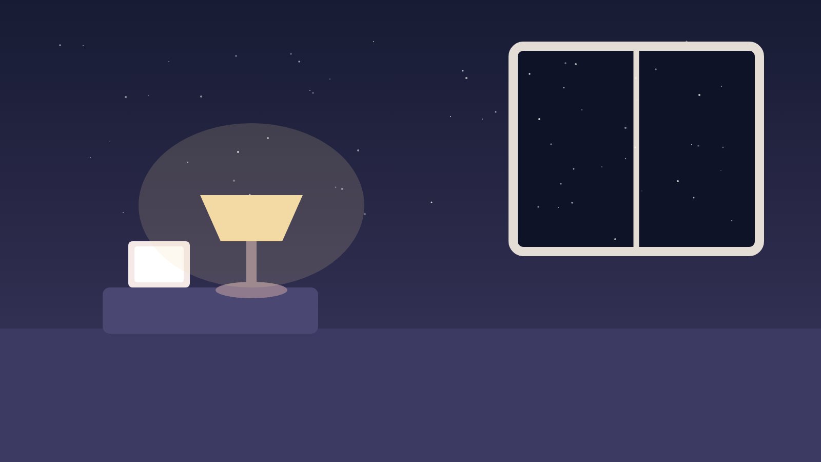 Illustration: Nachttisch mit kleiner Lampe und Buch, dahinter ein dunkles Fenster mit Sternen