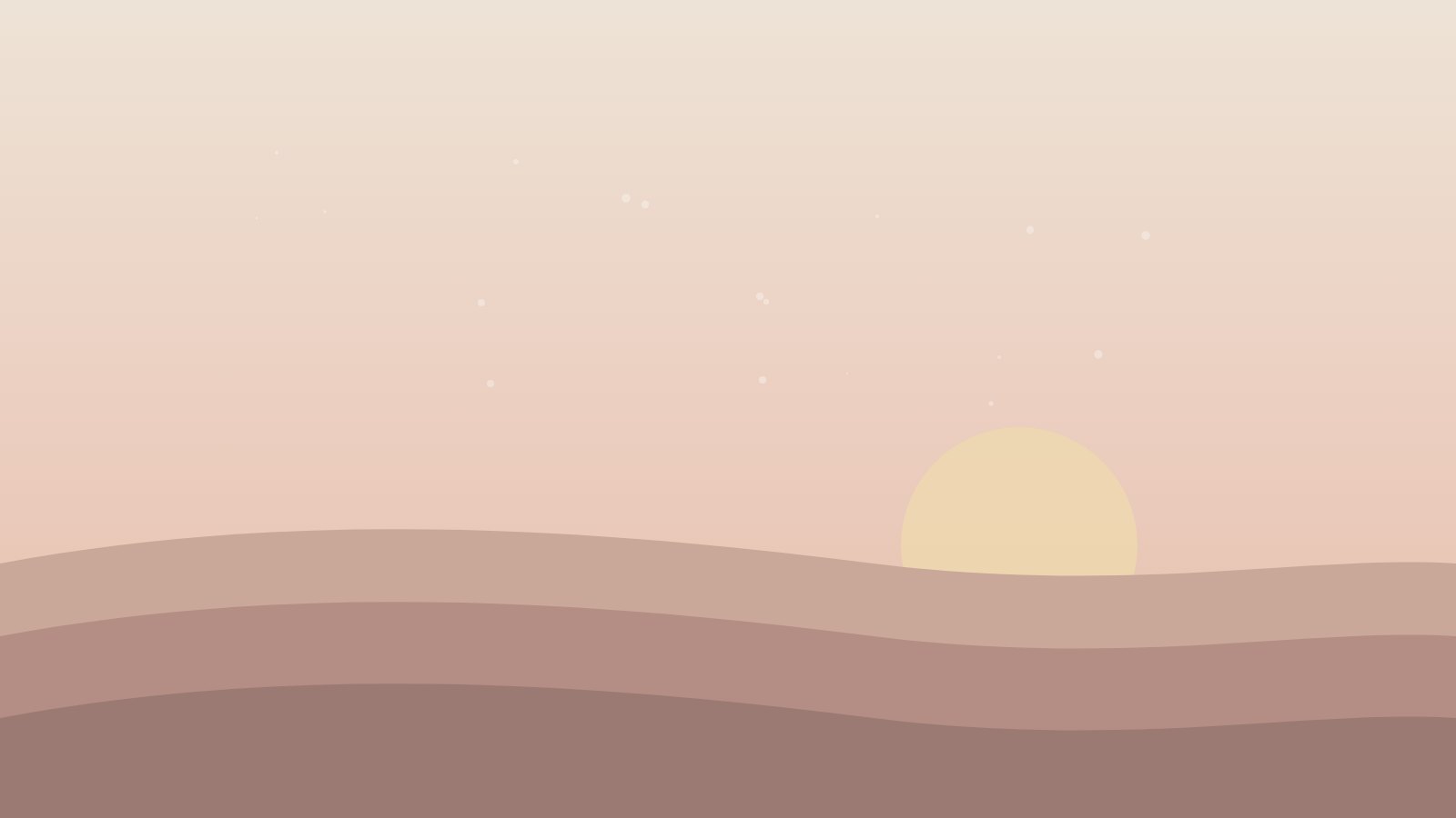 Illustration: Weite Landschaft in gedeckten Farben mit einer tief stehenden Sonne
