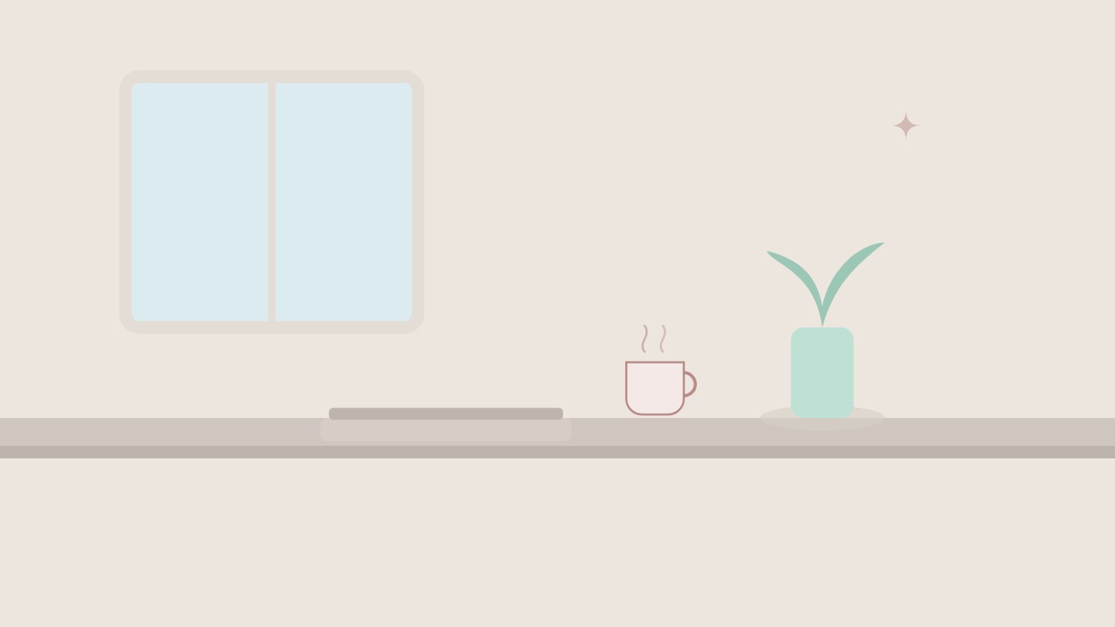 Illustration: Küchentisch mit zugeklapptem Laptop, daneben eine Pflanze