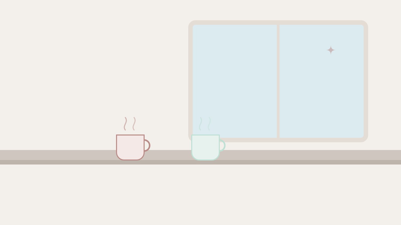 Illustration: Zwei Tassen auf einem Tisch am Fenster