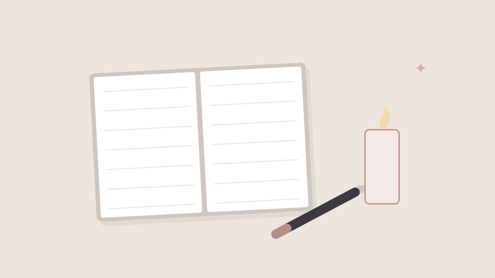 Illustration: Offenes Notizbuch mit Stift, daneben eine Kerze