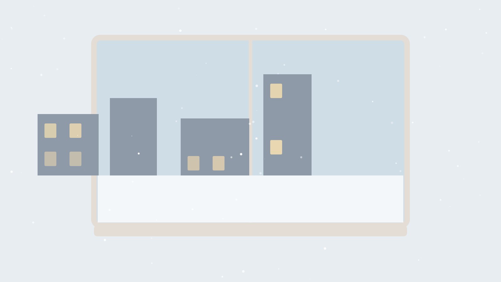 Illustration: Fenster mit Raureif, dahinter eine verschneite Straße