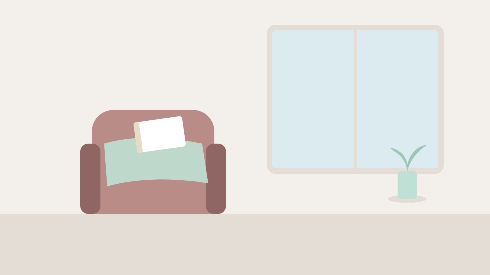 Illustration: Ein Sessel am Fenster mit Decke und Buch