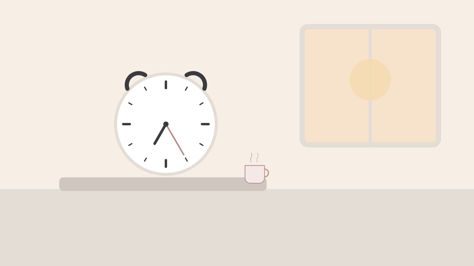 Illustration: Wecker auf dem Nachttisch im ersten Tageslicht