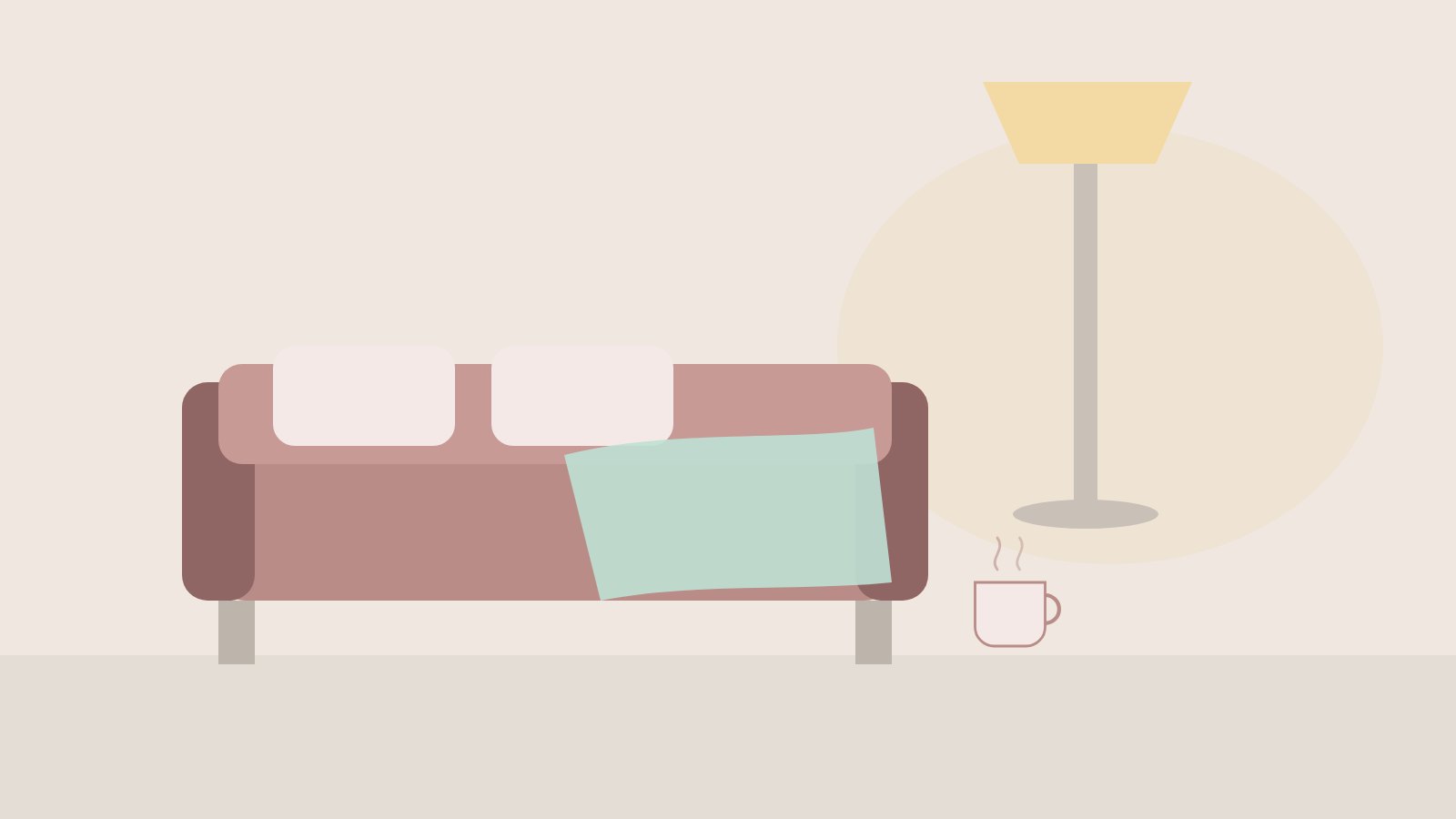 Illustration: Sofa mit Decke und Tasse in einem warm beleuchteten Wohnzimmer am Abend