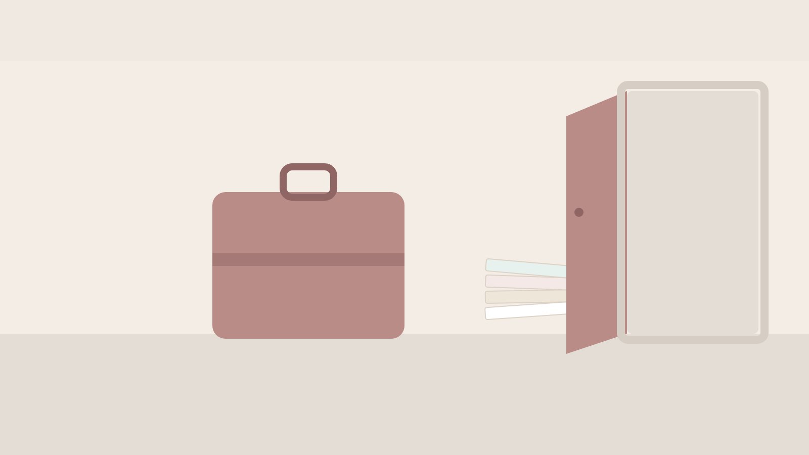 Illustration: Gepackter Koffer im Flur, daneben ein Stapel Post