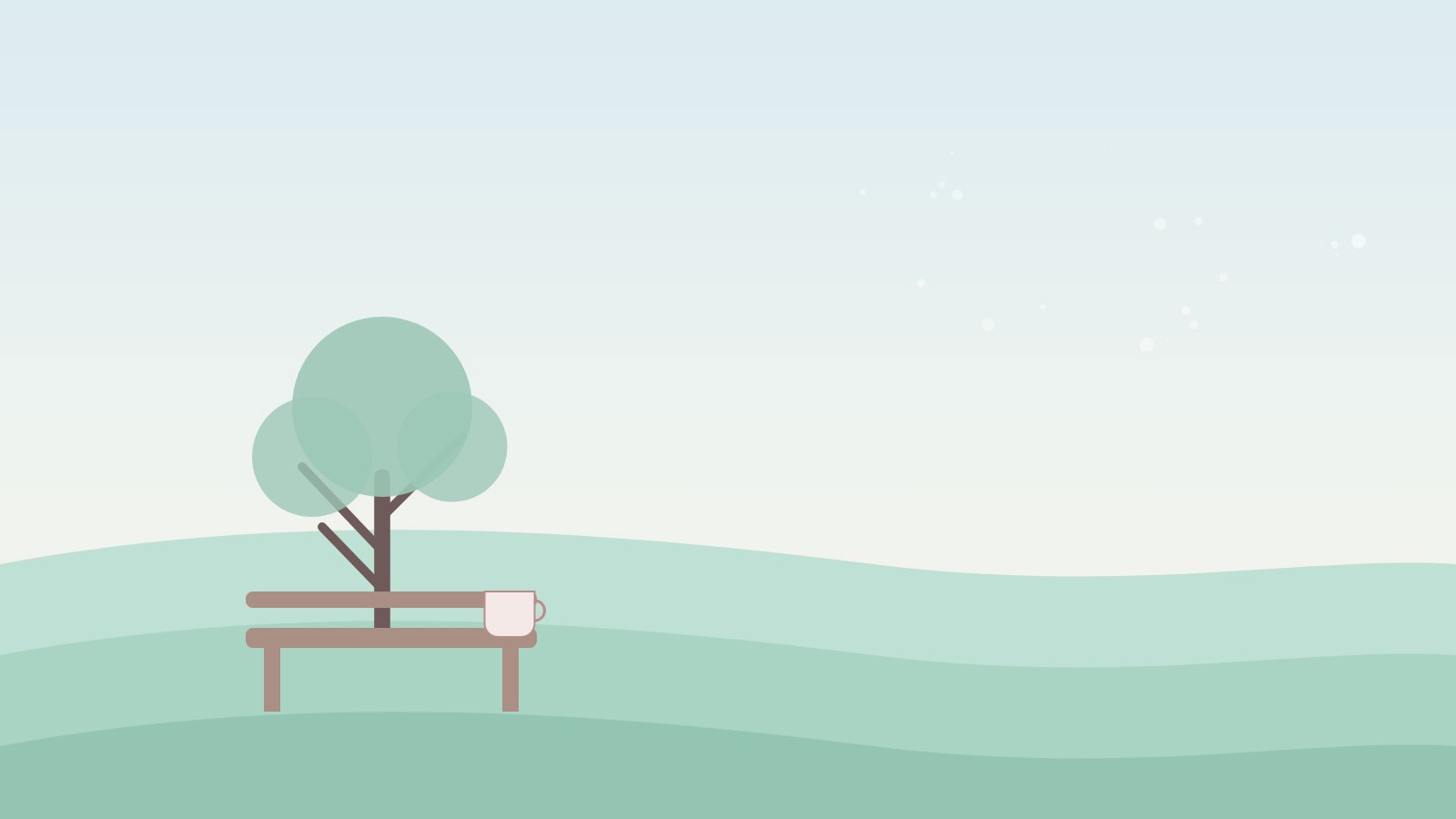 Illustration: Bank unter einem Baum, daneben eine Tasse auf der Lehne