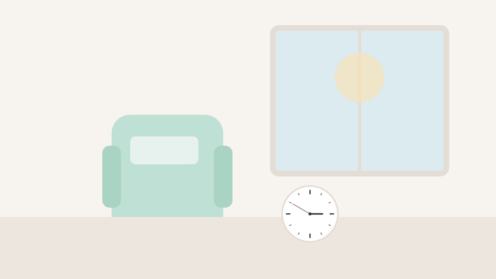 Illustration: Sessel am Fenster im hellen Mittagslicht, daneben eine Uhr