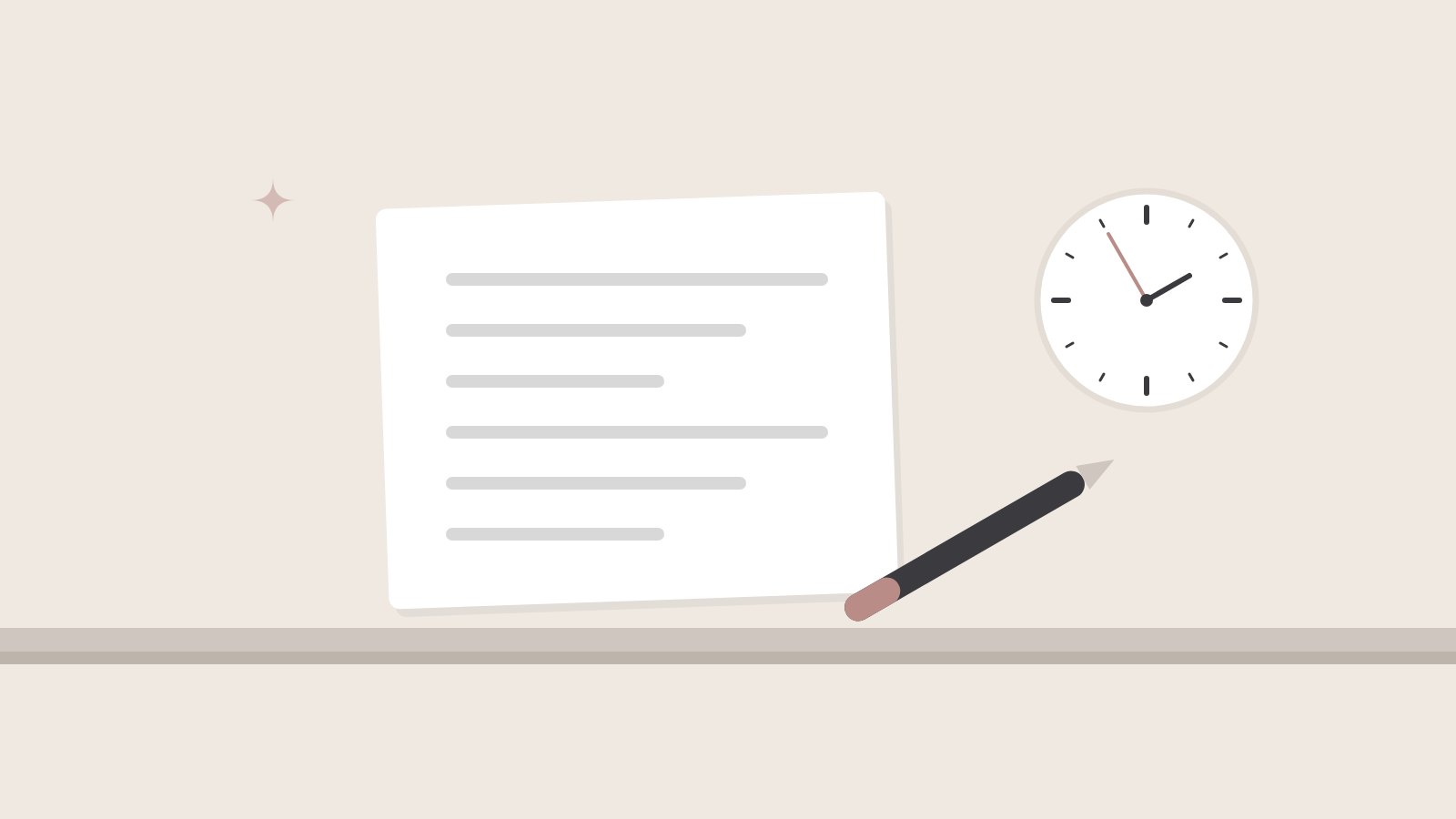 Illustration: Schreibtisch mit Blatt, Stift und einer Uhr im Hintergrund