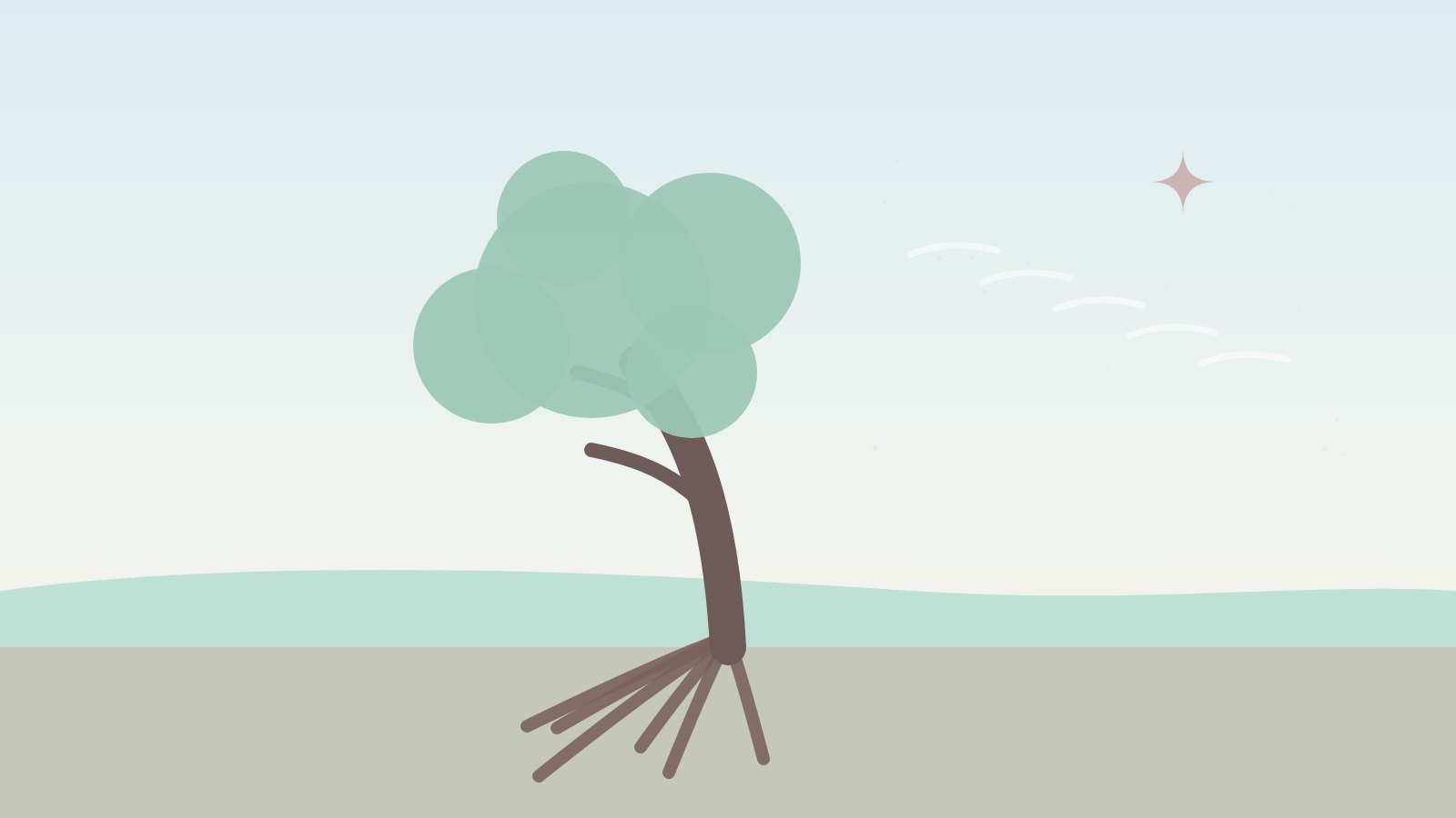 Illustration: Ein Baum, der sich im Wind biegt, mit kräftigen Wurzeln