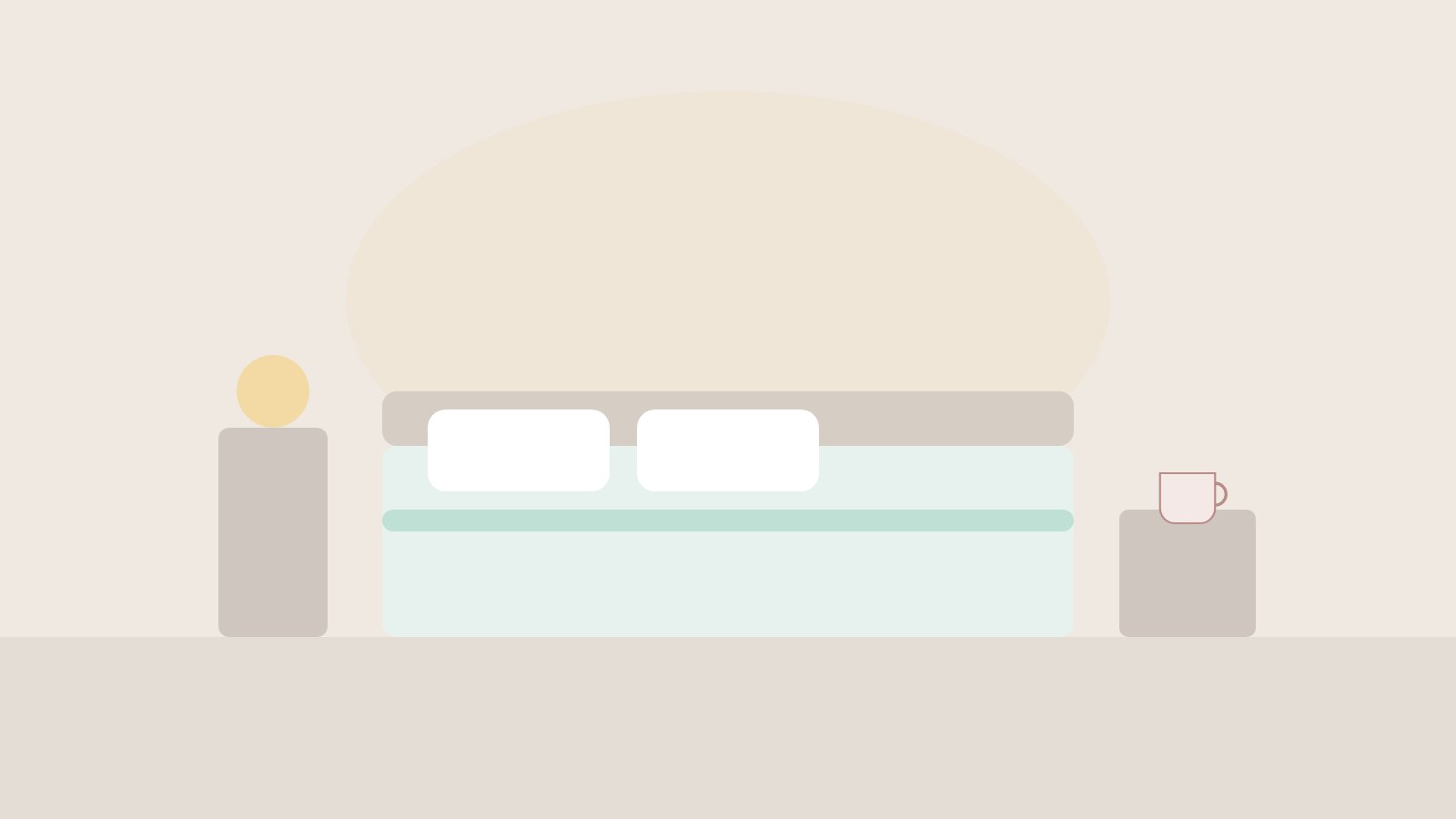 Illustration: Aufgeräumtes Schlafzimmer bei gedämpftem Licht mit gemachtem Bett