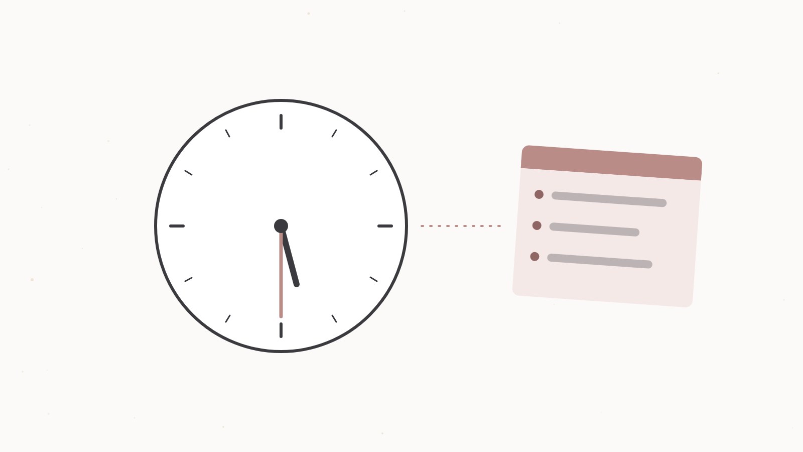 Illustration: Eine Uhr zeigt 17:30, daneben ein Zettel mit drei notierten Sorgen