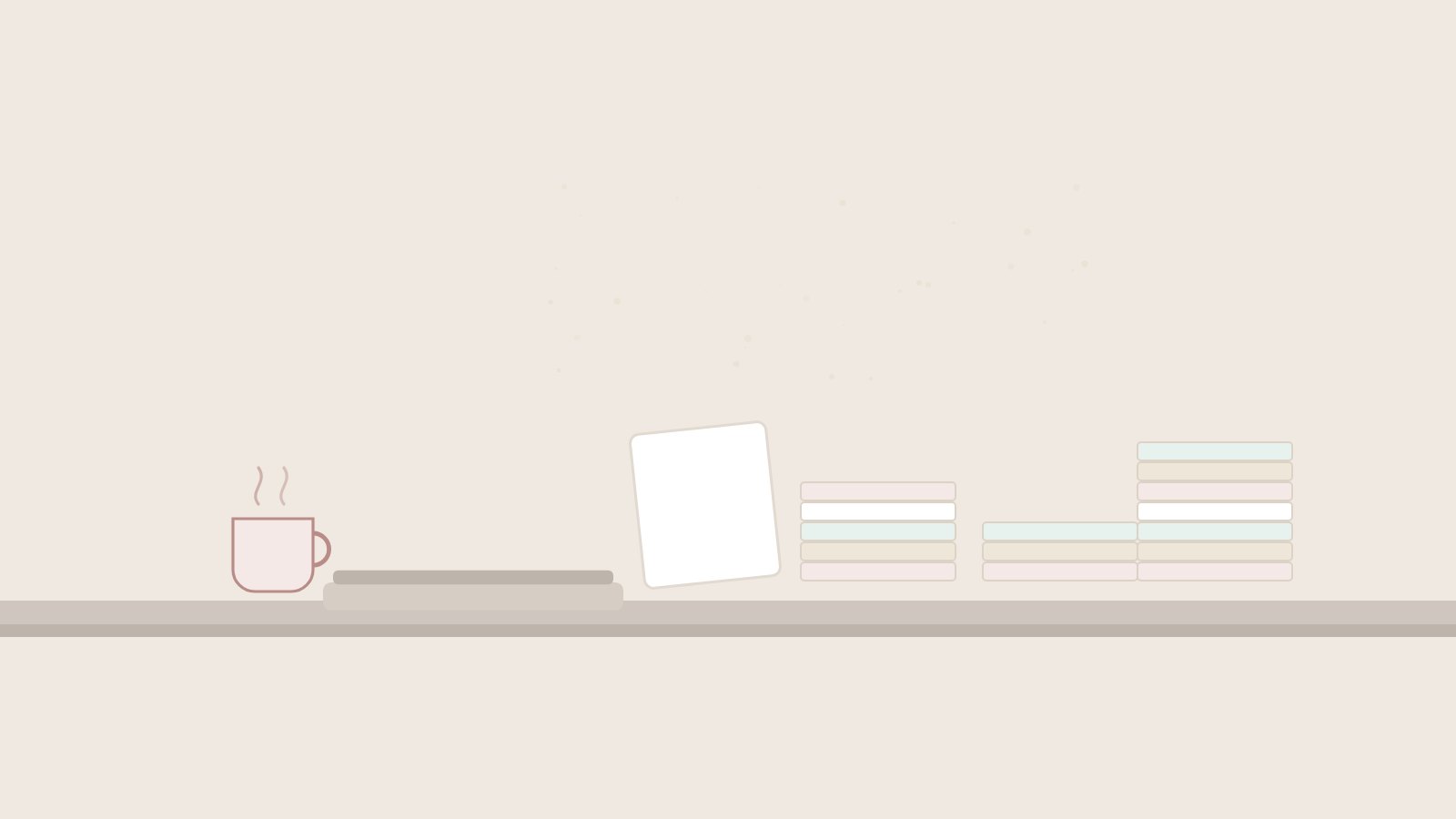 Illustration: Schreibtisch mit Aktenstapeln, Laptop und einer Tasse
