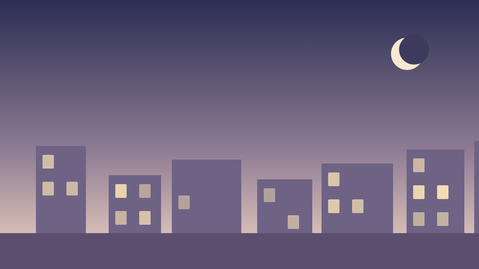 Illustration: Eine Häuserzeile mit erleuchteten Fenstern bei Abendlicht