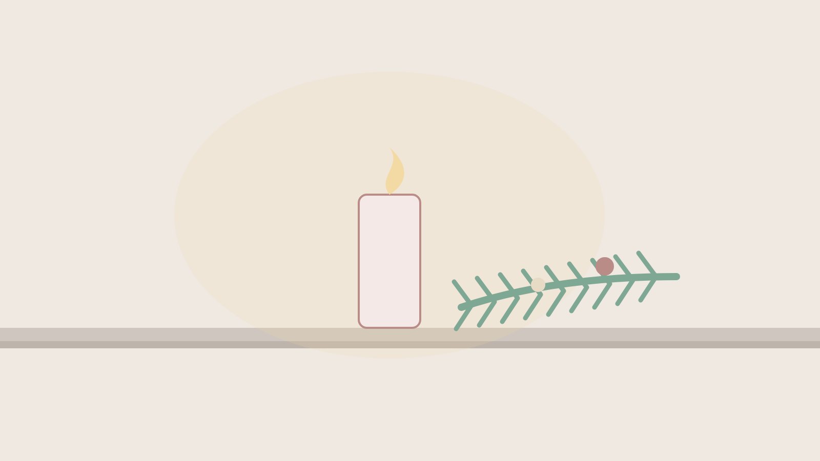 Illustration: Eine brennende Kerze neben einem Tannenzweig auf einem Tisch