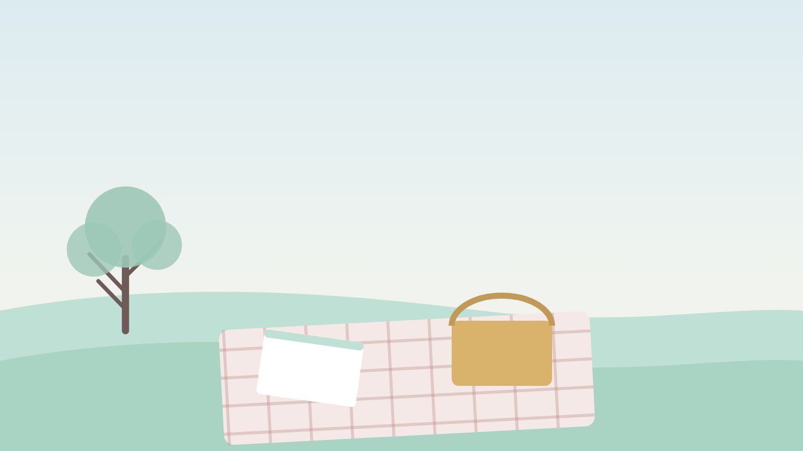 Illustration: Decke im Gras mit Korb und Buch an einem hellen Tag